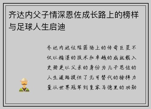 齐达内父子情深恩佐成长路上的榜样与足球人生启迪 齐达内父子情深恩佐成长路上的榜样与足球人生启迪