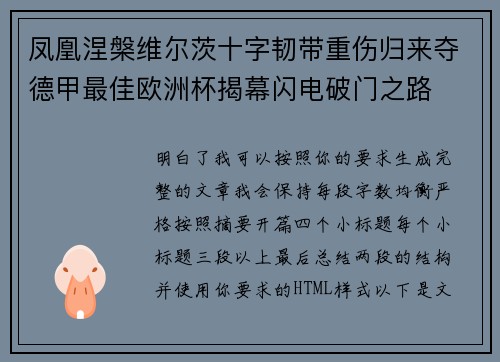 凤凰涅槃维尔茨十字韧带重伤归来夺德甲最佳欧洲杯揭幕闪电破门之路