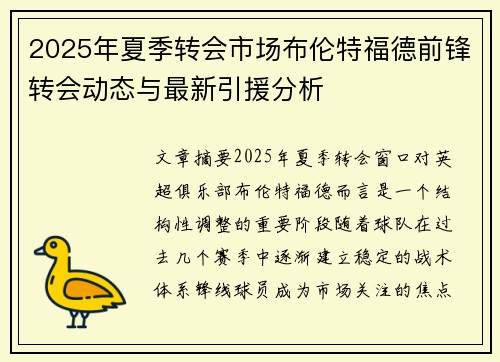 2025年夏季转会市场布伦特福德前锋转会动态与最新引援分析