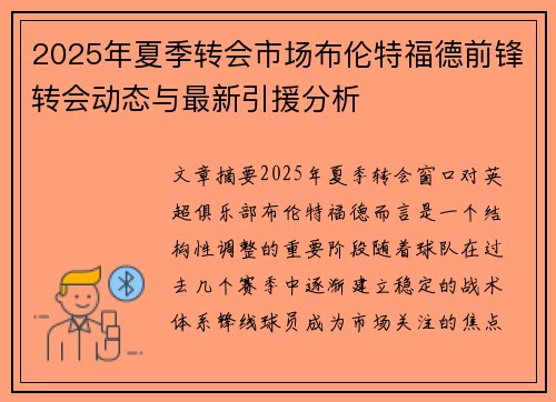 2025年夏季转会市场布伦特福德前锋转会动态与最新引援分析